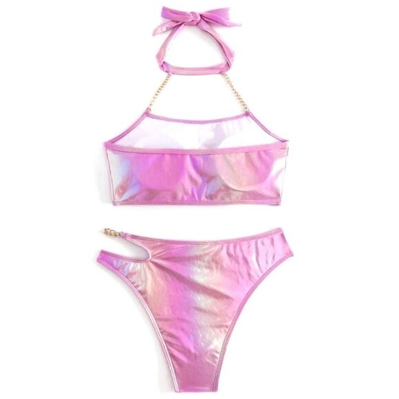 Y2K Festival Mermaidcore Metallic Holographic Choker Chain Detail Bikini - Picture 6 of 12